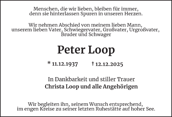Traueranzeige von Peter Loop von Hamburger Abendblatt