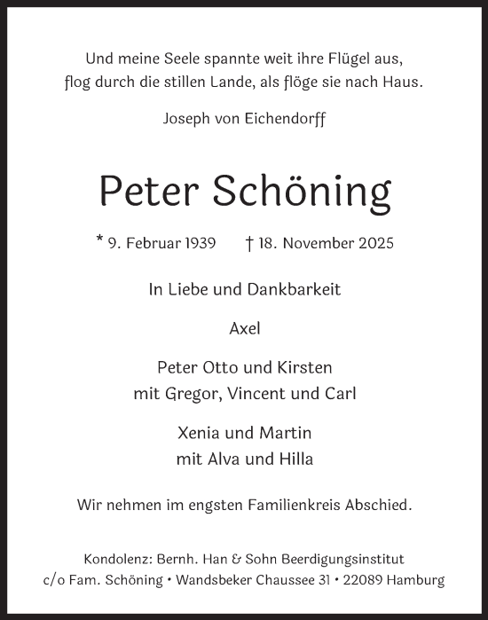 Traueranzeige von Peter Schöning von Hamburger Abendblatt