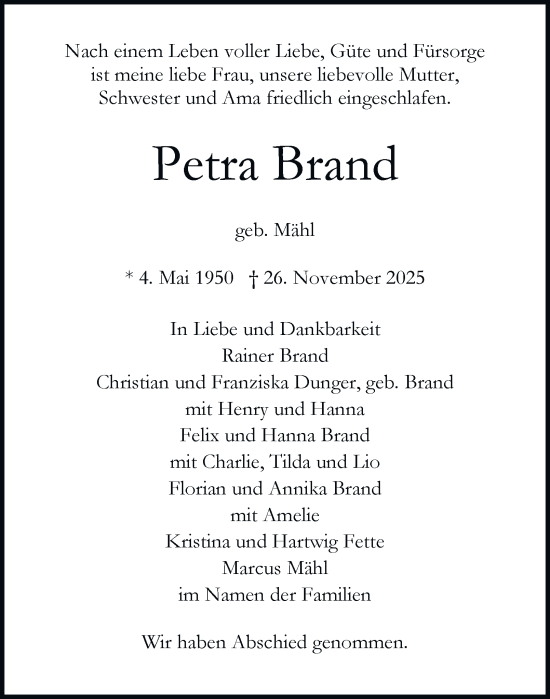 Traueranzeige von Petra Brand von Hamburger Abendblatt