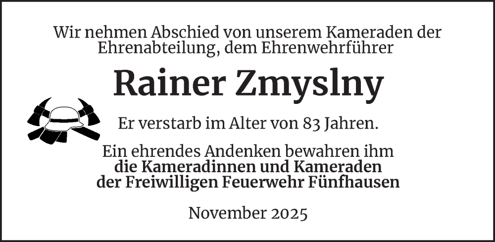  Traueranzeige für Rainer Zmyslny vom 06.12.2025 aus Bergedorfer Zeitung