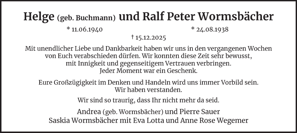  Traueranzeige für Ralf Peter Wormsbächer vom 20.12.2025 aus Hamburger Abendblatt