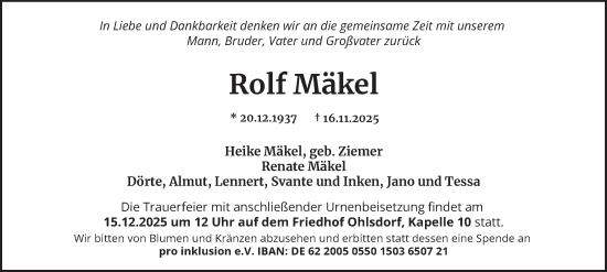 Traueranzeige von Rolf Mäkel von Hamburger Abendblatt