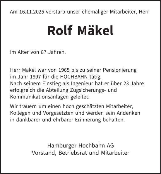 Traueranzeige von Rolf Mäkel von Hamburger Abendblatt