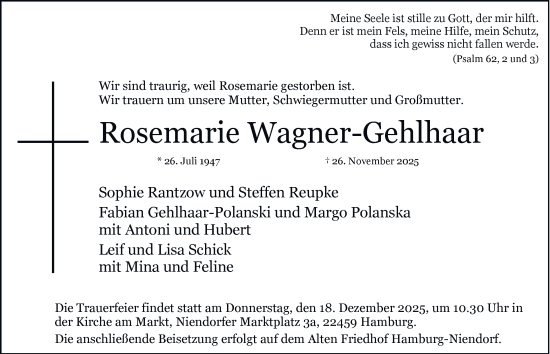 Traueranzeige von Rosemarie Wagner-Gehlhaar von Hamburger Abendblatt