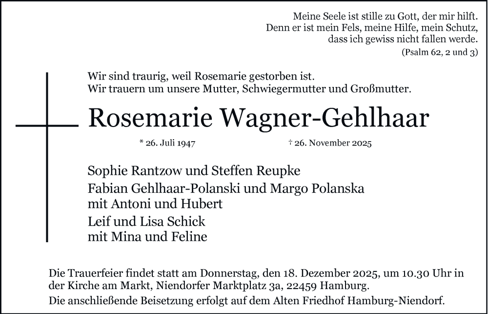  Traueranzeige für Rosemarie Wagner-Gehlhaar vom 06.12.2025 aus Hamburger Abendblatt