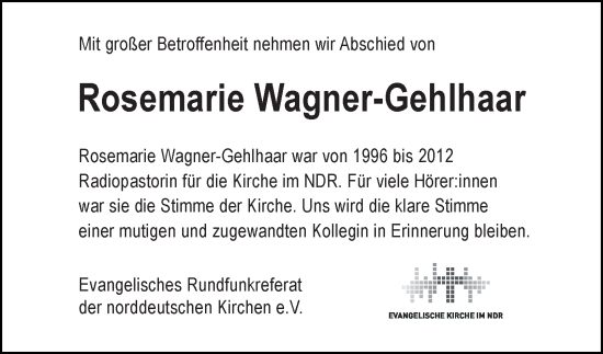 Traueranzeige von Rosemarie Wagner-Gehlhaar von Hamburger Abendblatt