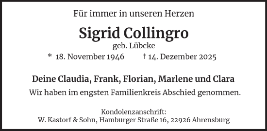 Traueranzeige von Sigrid Collingro von Hamburger Abendblatt