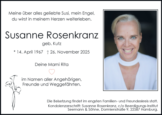 Traueranzeige von Susanne Rosenkranz von Hamburger Abendblatt