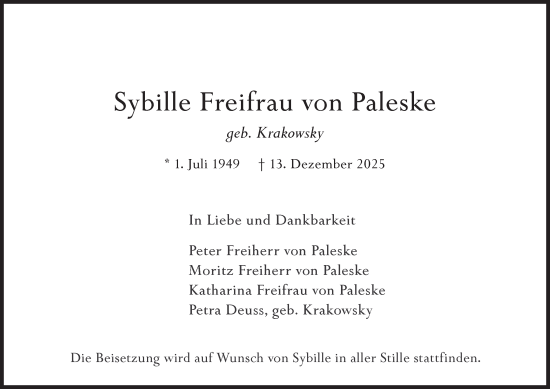 Traueranzeige von Sybille Freifrau von Paleske von Hamburger Abendblatt