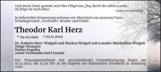 Traueranzeige von Theodor Karl Herz von Hamburger Abendblatt