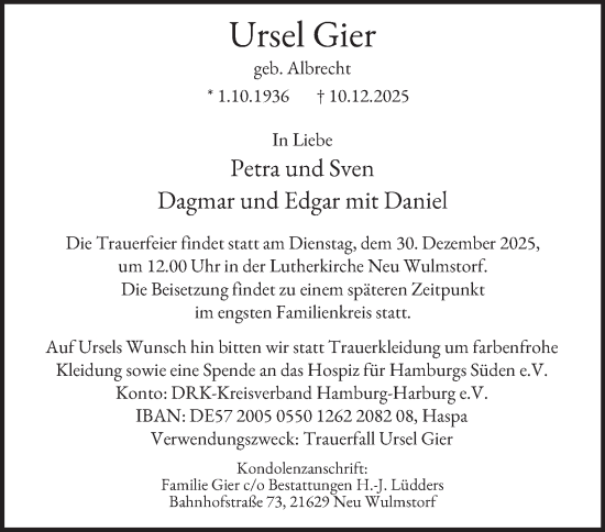 Traueranzeige von Ursel Gier von Hamburger Abendblatt
