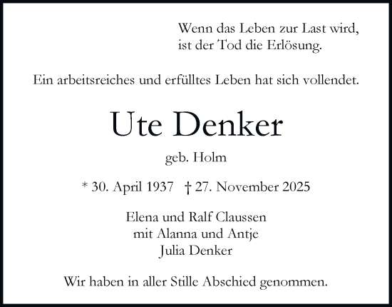 Traueranzeige von Ute Denker von Hamburger Abendblatt