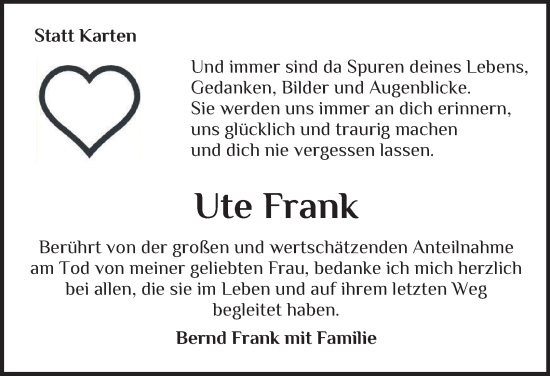 Traueranzeige von Ute Frank von Bergedorfer Zeitung
