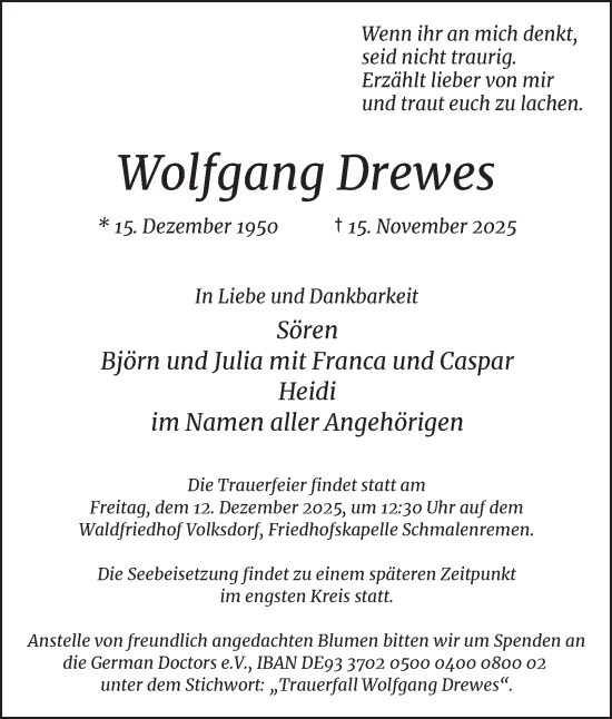 Traueranzeige von Wolfgang Drewes von Hamburger Abendblatt