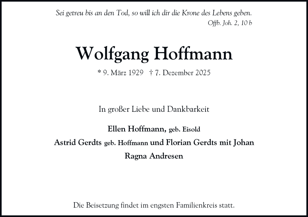  Traueranzeige für Wolfgang Hoffmann vom 20.12.2025 aus Hamburger Abendblatt