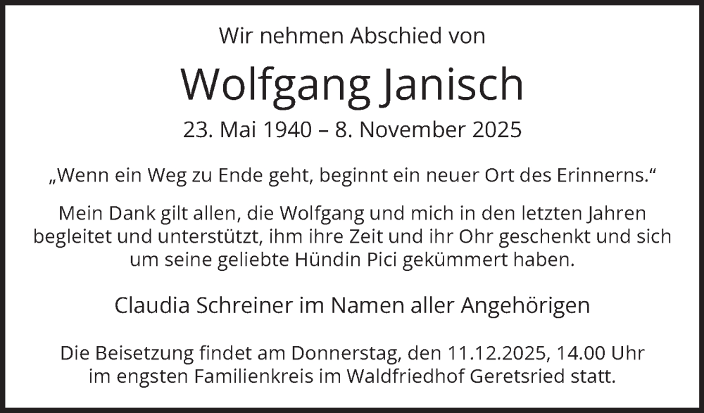  Traueranzeige für Wolfgang Janisch vom 06.12.2025 aus Hamburger Abendblatt