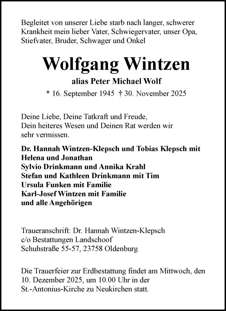  Traueranzeige für Wolfgang Wintzen vom 06.12.2025 aus Hamburger Abendblatt