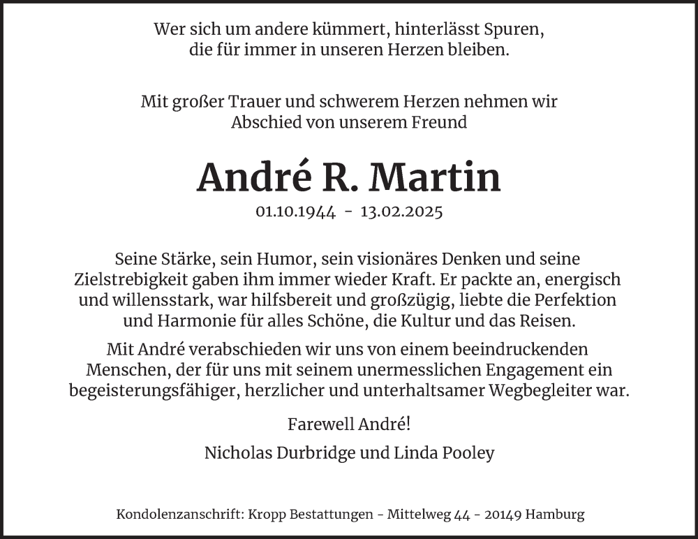  Traueranzeige für André R. Martin vom 01.03.2025 aus Hamburger Abendblatt