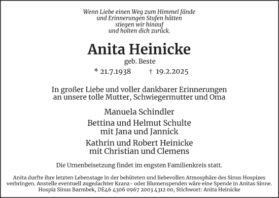 Traueranzeige von Anita Heinicke von Hamburger Abendblatt