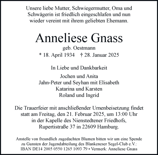 Traueranzeige von Anneliese Gnass von Hamburger Abendblatt