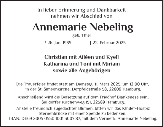 Traueranzeige von Annemarie Nebeling von Hamburger Abendblatt
