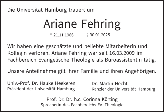 Traueranzeige von Ariane Fehring von Hamburger Abendblatt