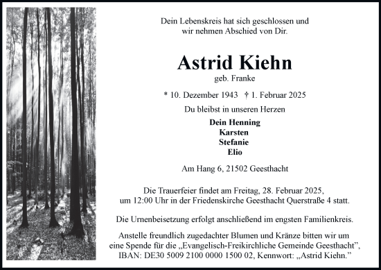 Traueranzeige von Astrid Kiehn von Bergedorfer Zeitung