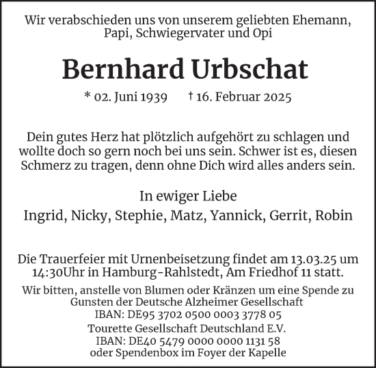 Traueranzeige von Bernhard Urbschat von Hamburger Abendblatt