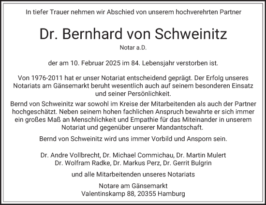 Traueranzeige von Bernhard von Schweinitz von Hamburger Abendblatt
