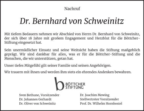 Traueranzeige von Bernhard von Schweinitz von Hamburger Abendblatt
