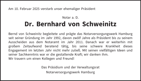 Traueranzeige von Bernhard von Schweinitz von Hamburger Abendblatt