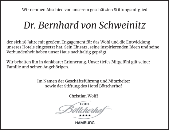 Traueranzeige von Bernhard von Schweinitz von Hamburger Abendblatt