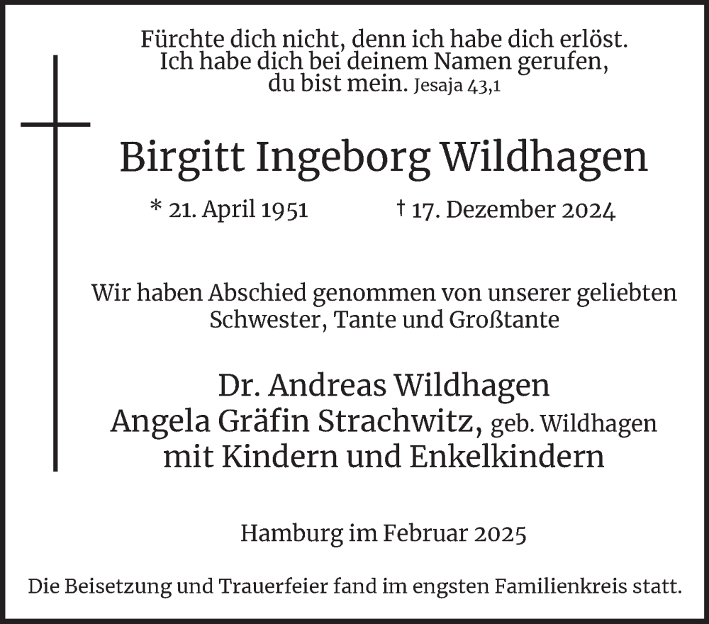  Traueranzeige für Birgitt  Wildhagen vom 08.02.2025 aus Hamburger Abendblatt