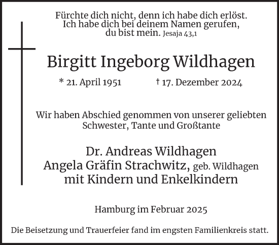 Traueranzeige von Birgitt  Wildhagen von Hamburger Abendblatt