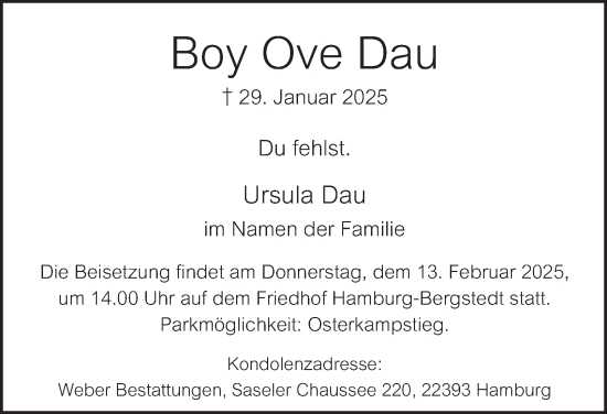 Traueranzeige von Boy Ove Dau von Hamburger Abendblatt