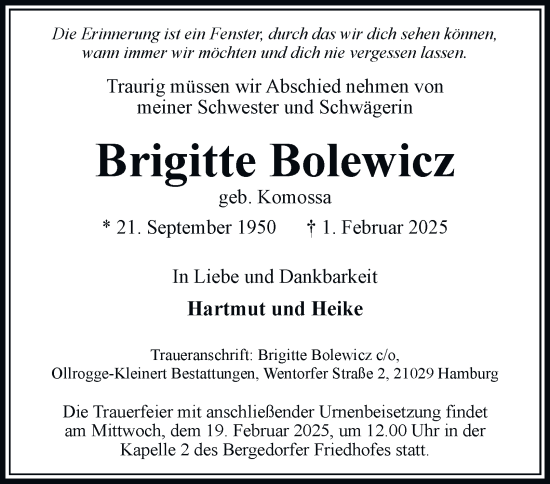 Traueranzeige von Brigitte Bolewicz von Bergedorfer Zeitung