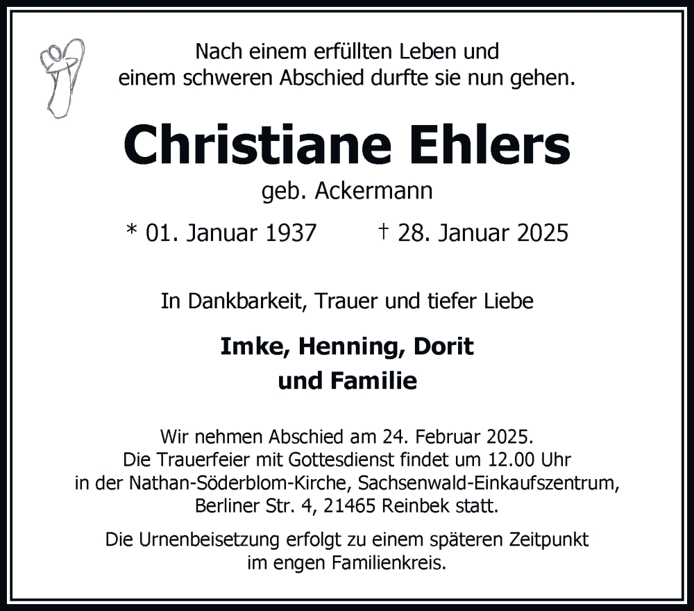  Traueranzeige für Christiane Ehlers vom 08.02.2025 aus Hamburger Abendblatt