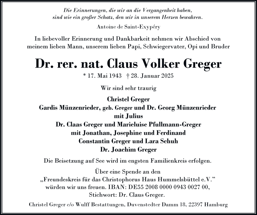  Traueranzeige für Claus Volker Greger vom 15.02.2025 aus Hamburger Abendblatt