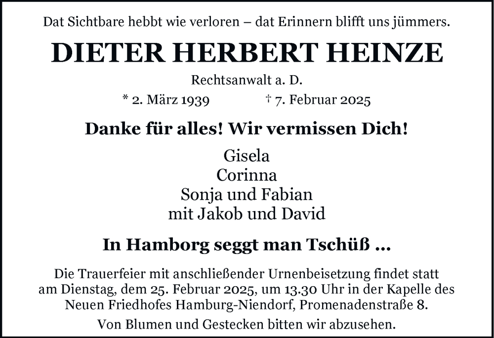  Traueranzeige für Dieter Herbert Heinze vom 22.02.2025 aus Hamburger Abendblatt