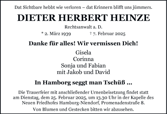 Traueranzeige von Dieter Herbert Heinze von Hamburger Abendblatt