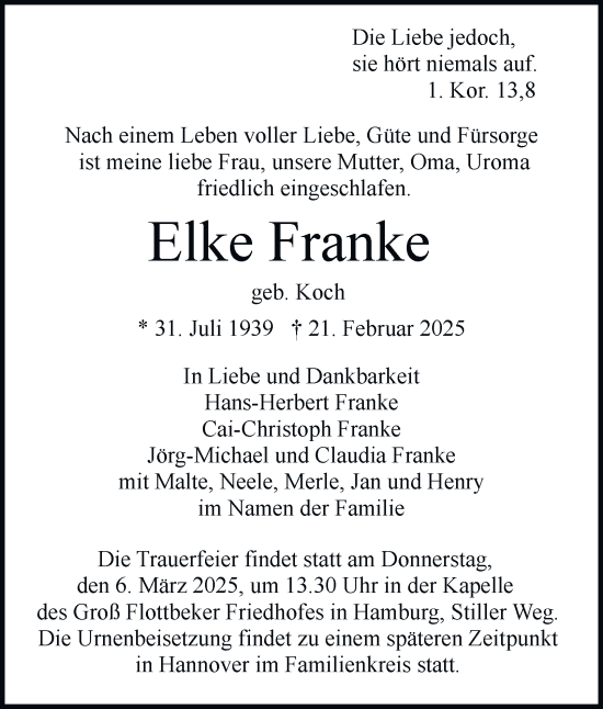 Traueranzeige von Elke Franke von Hamburger Abendblatt