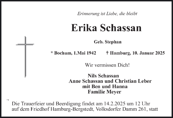 Traueranzeige von Erika Schassan von Hamburger Abendblatt