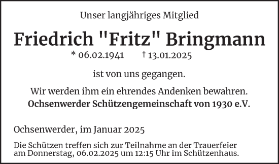 Traueranzeige von Friedrich Bringmann von Bergedorfer Zeitung