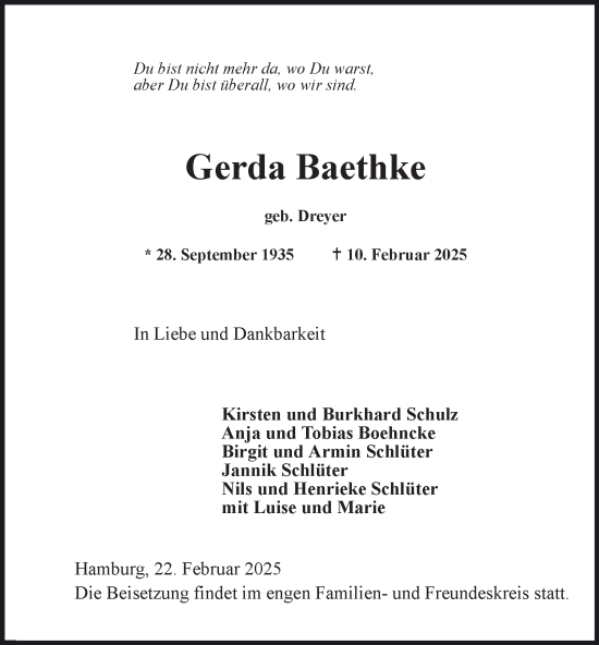 Traueranzeige von Gerda Baethke von Hamburger Abendblatt