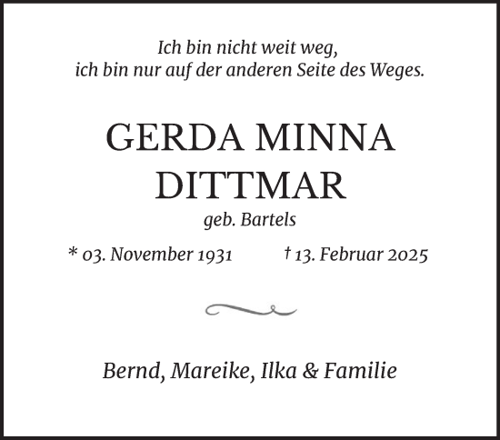 Traueranzeige von Gerda Minna Dittmar von Hamburger Abendblatt