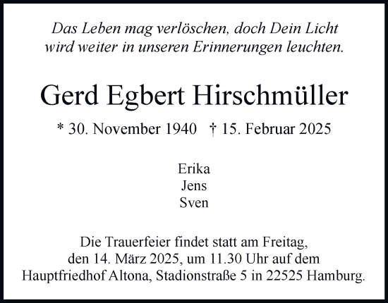 Traueranzeige von Gerd Egbert Hirschmüller von Hamburger Abendblatt