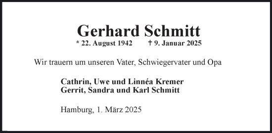Traueranzeige von Gerhard Schmitt von Hamburger Abendblatt