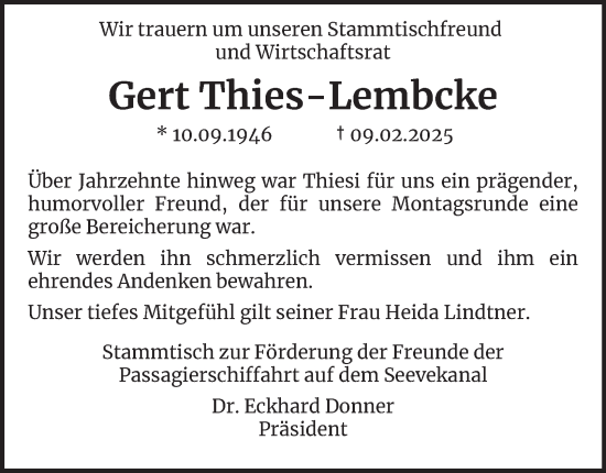 Traueranzeige von Gert Thies-Lembcke 