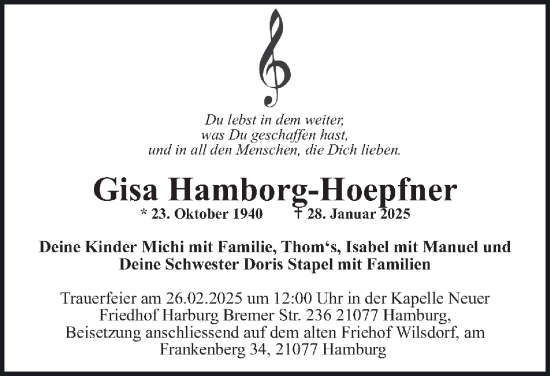 Traueranzeige von Gisa Hamborg-Hoepfner von Hamburger Abendblatt