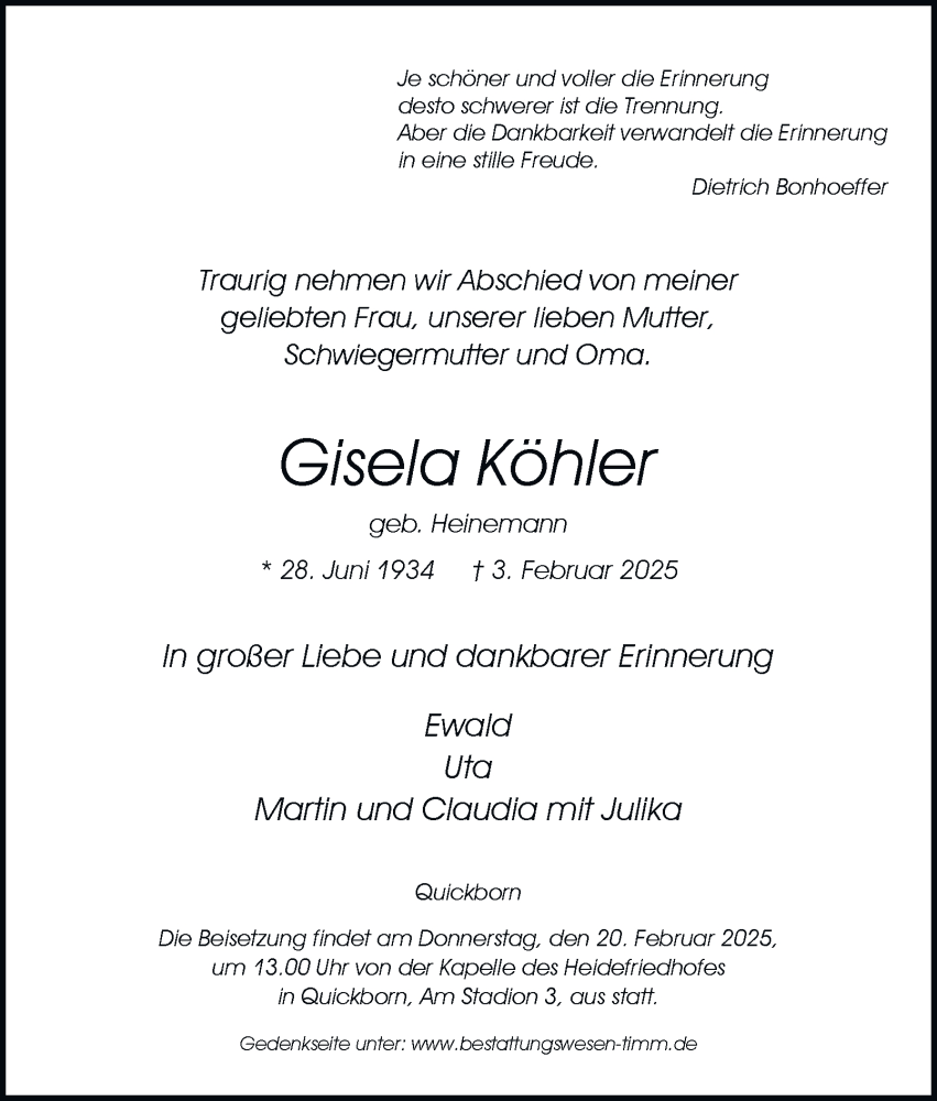  Traueranzeige für Gisela Köhler vom 15.02.2025 aus Hamburger Abendblatt
